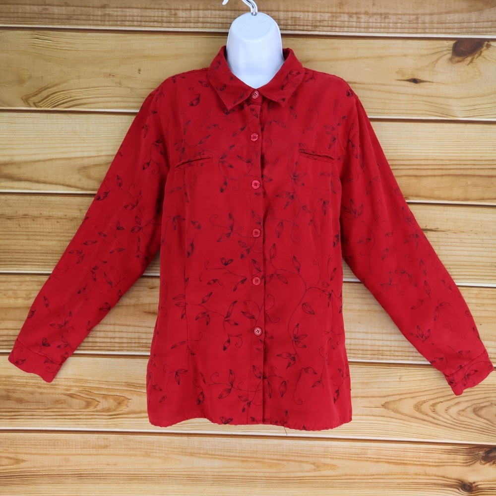 Sag Harbor Dressy Button Up Shirt Womens 18 Red‎ Floral Embroidered Long Sleeves